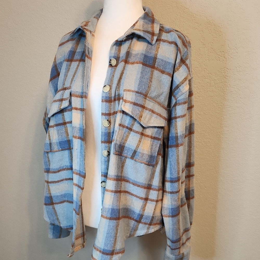 Ford Bronco Blue Brown Plaid Button Down Flannel Large - Picture 8 of 13
